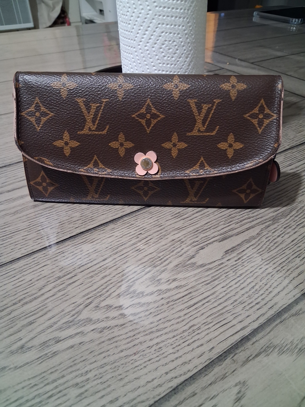 Louis Vuitton Brown Monogram Canvas Wallet with Pink Flower Snap